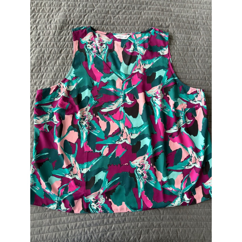 Nine West Womens 2X Abstract Floral Sleeveless V-Neck Blouse Magenta Teal Pink - Picture 2 of 9